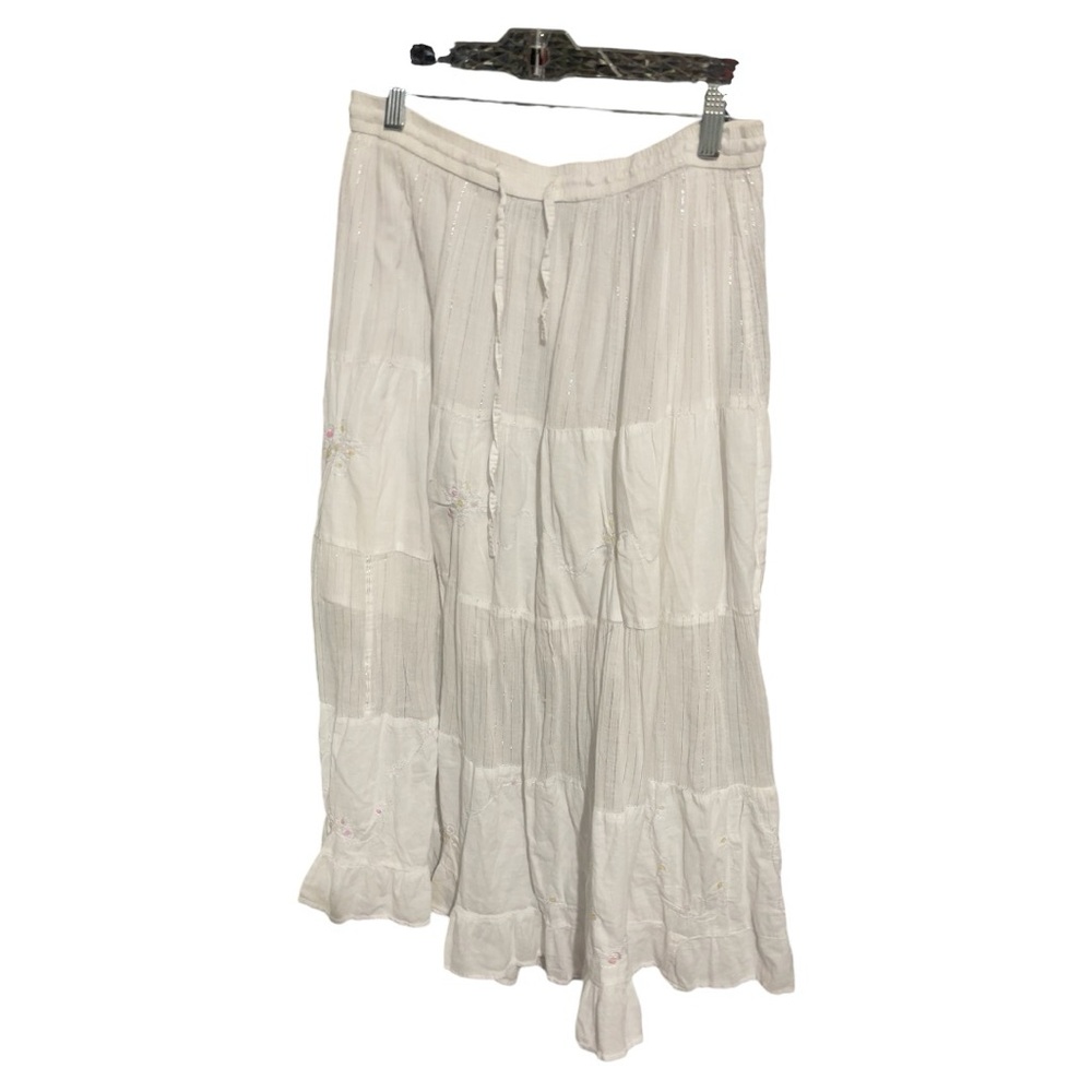 Boho White Tiered Maxi Skirt - Elastic Waist, Embroidered Details